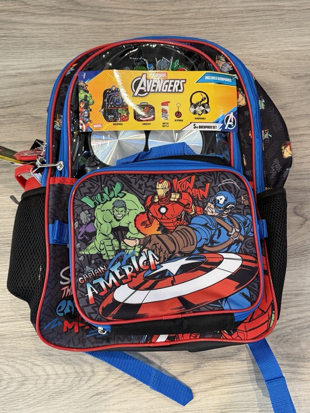 Marvel Spider-Man Black Backpack Lunch Box Headphones Water Bottle 4 Pc Set New